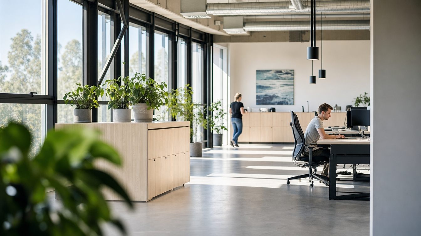 Open-plan Australian office with a person working at a desk