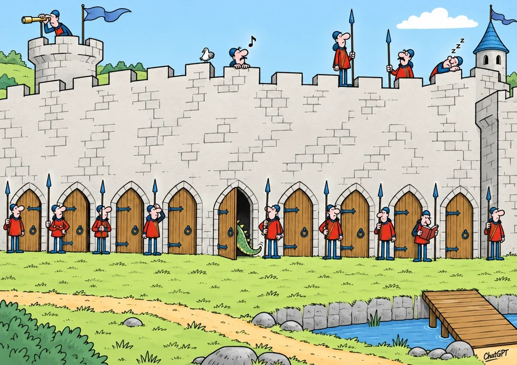 Cartoon: a castle wall with eleven doors and a guard at each one. The guards are variously asleep, reading, whistling and scanning the horizon with a telescope, while one unwatched door stands open with a dragon's tail disappearing inside.
