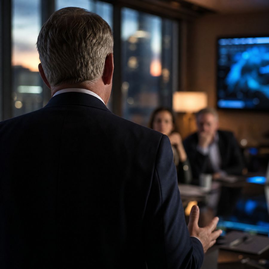 Executive briefing colleagues in a boardroom with security data on screen