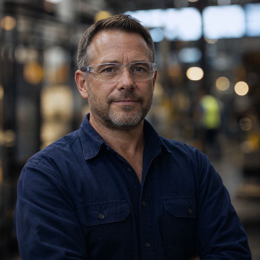 Manufacturing supervisor in safety glasses on an Australian workshop floor