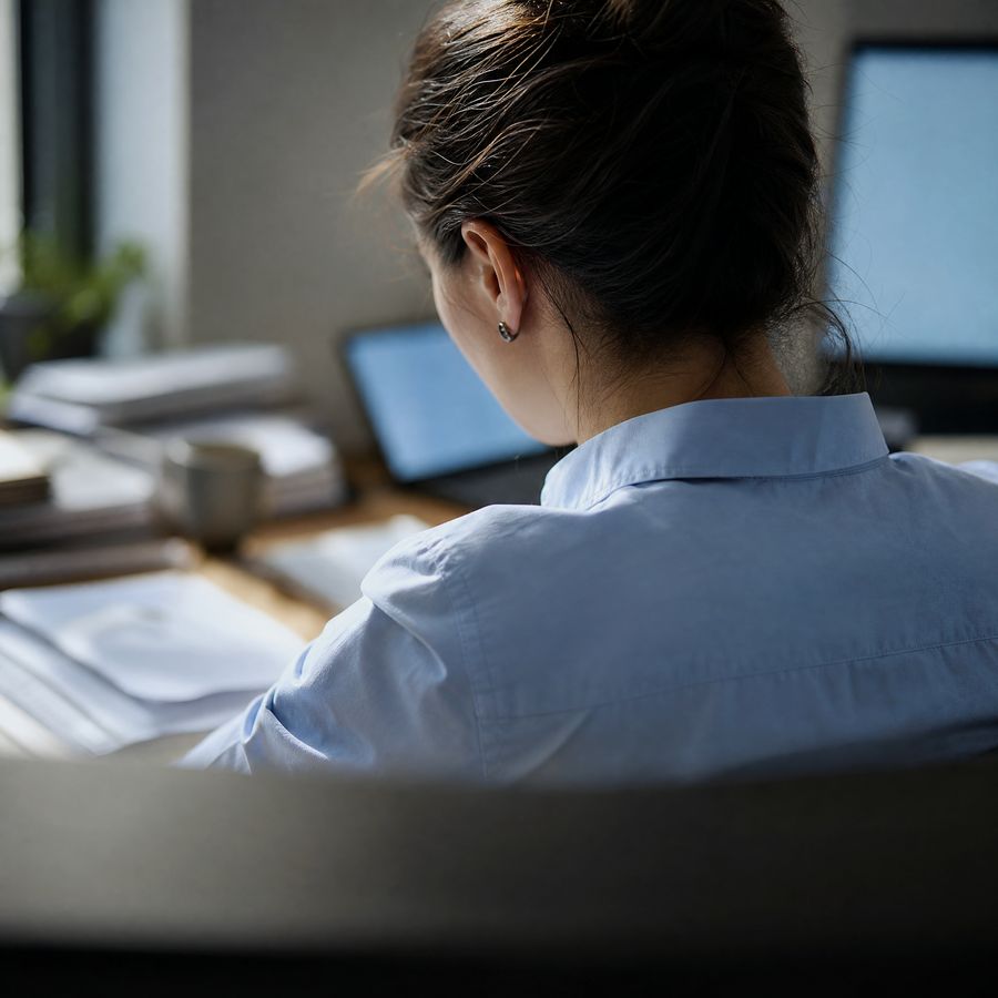 Analyst reviewing system documentation at a desk with two monitors