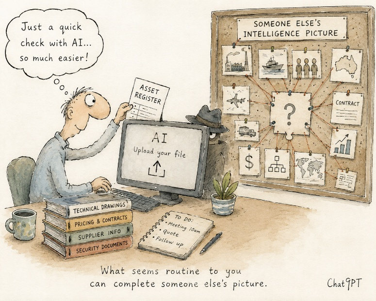 Cartoon: an employee uploads an asset register to an AI tool, captioned "Just a quick check with AI... so much easier!", while behind him a shadowy figure pins the fragments onto a board headed "Someone else's intelligence picture".